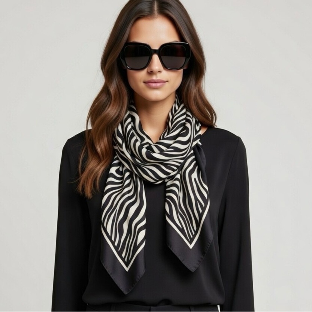Vintage 1988 Avon Black Scarf with Zebra Print